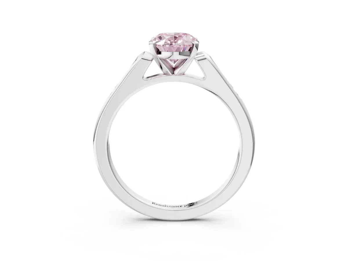 Fancy Pink Oval Cut Diamond Solitaire Ring with Channel Set Round Band and Prong Setting Silver