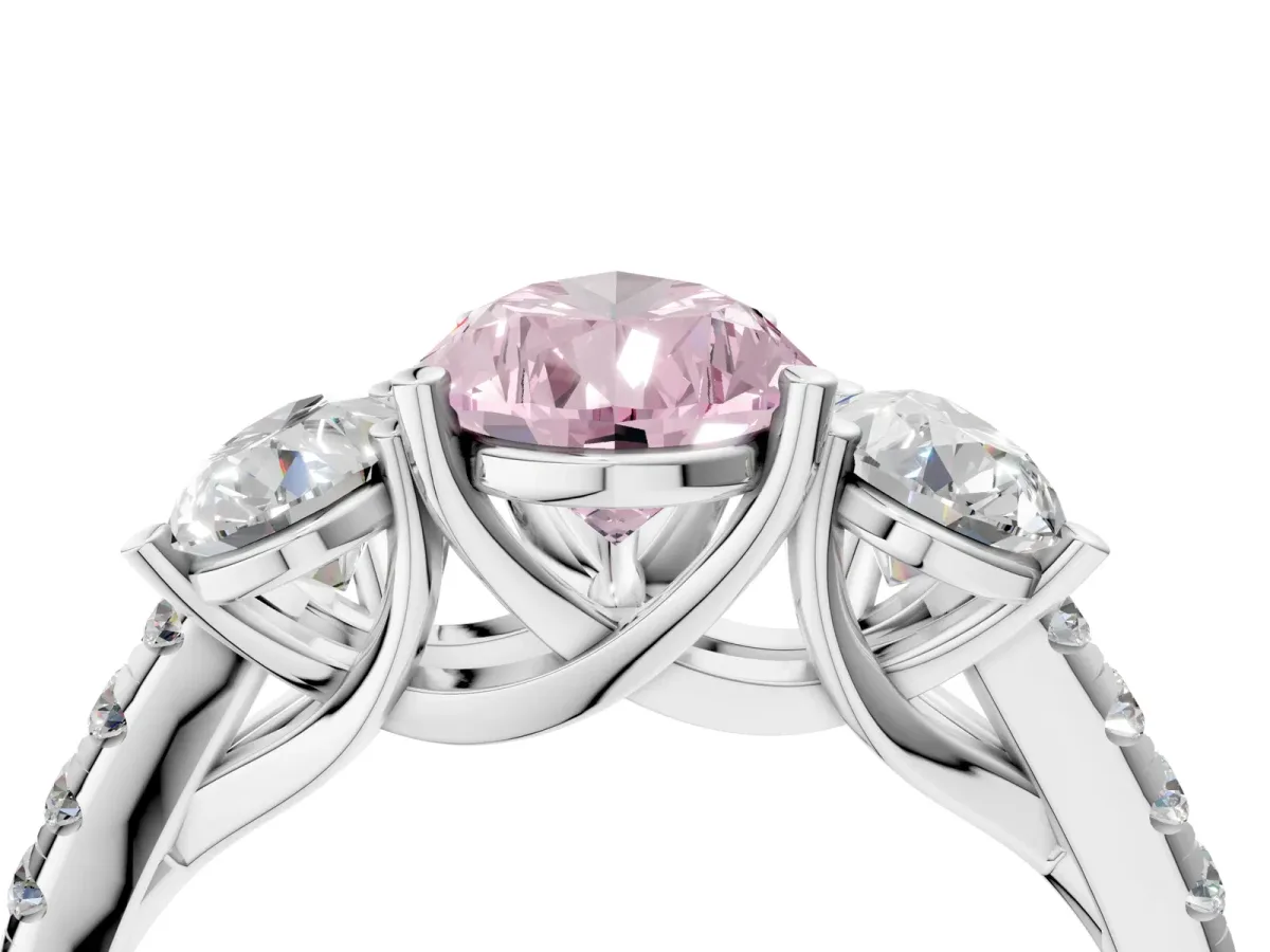 Fancy Pink Three-Stone Pear Cut Diamond Ring with Round Pavé Band and Prong Setting Silver