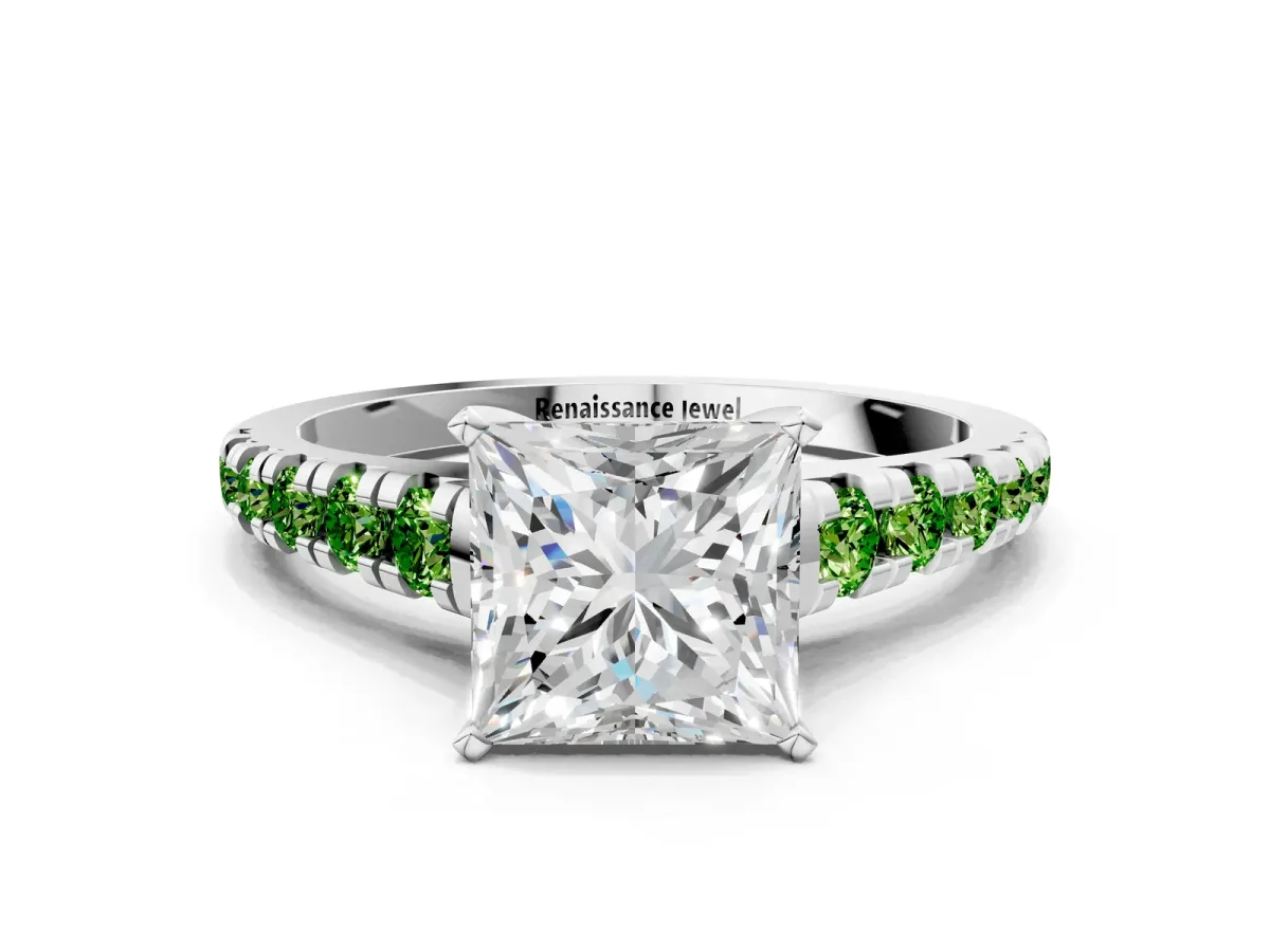 Princess Cut Diamond Cathedral Solitaire Ring with Round Peridot Pavé Band Silver