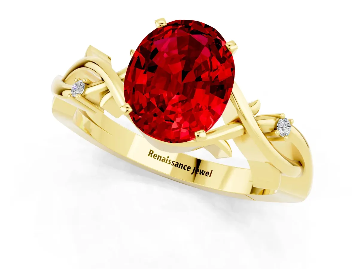 Oval Cut Ruby Solitaire Ring with Twisted Band and Prong Setting Yellow gold
