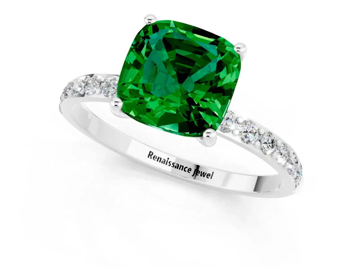 Cushion Cut Emerald Solitaire Ring with Round Pavé Band and Prong Setting Silver
