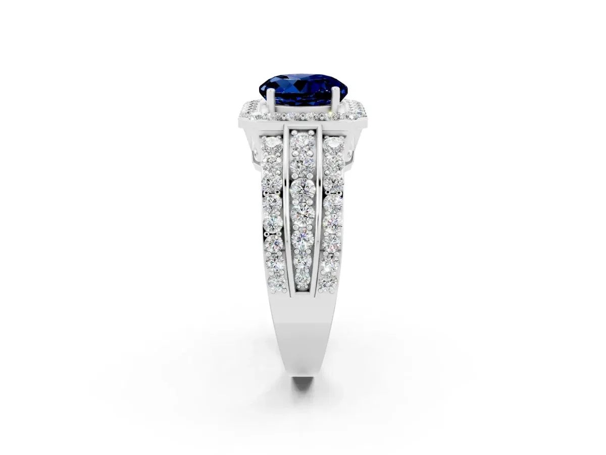 Round Cut Halo Blue Sapphire Ring with Round Split Shank and Prong Setting Silver