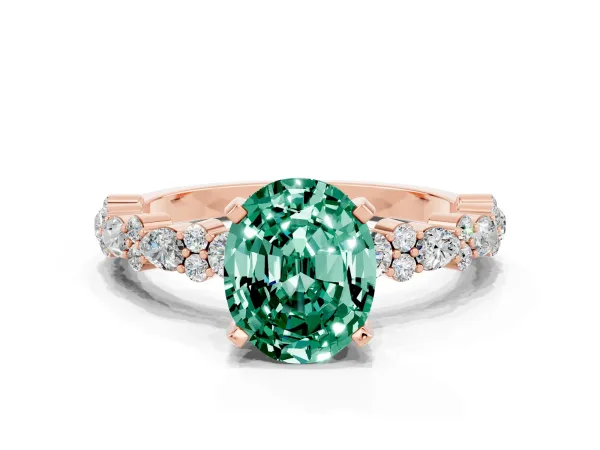 Oval Cut Green Sapphire Side Stone Solitaire Ring with Round and Four-Prong Setting Rose gold