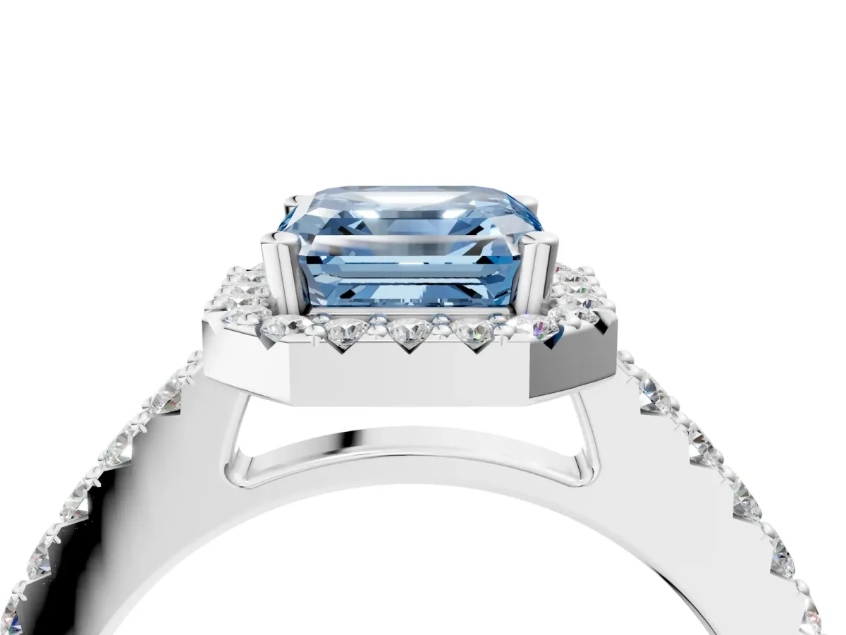 Fancy Blue Asscher Cut Halo Diamond Pavé Solitaire Ring Silver