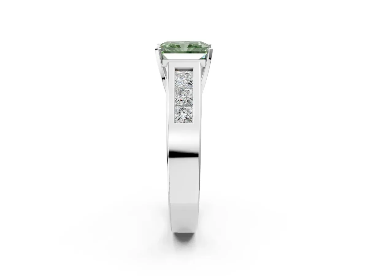 Fancy Green Radiant Cut Cut Channel Set Solitaire Ring with Four-Prong Setting Silver