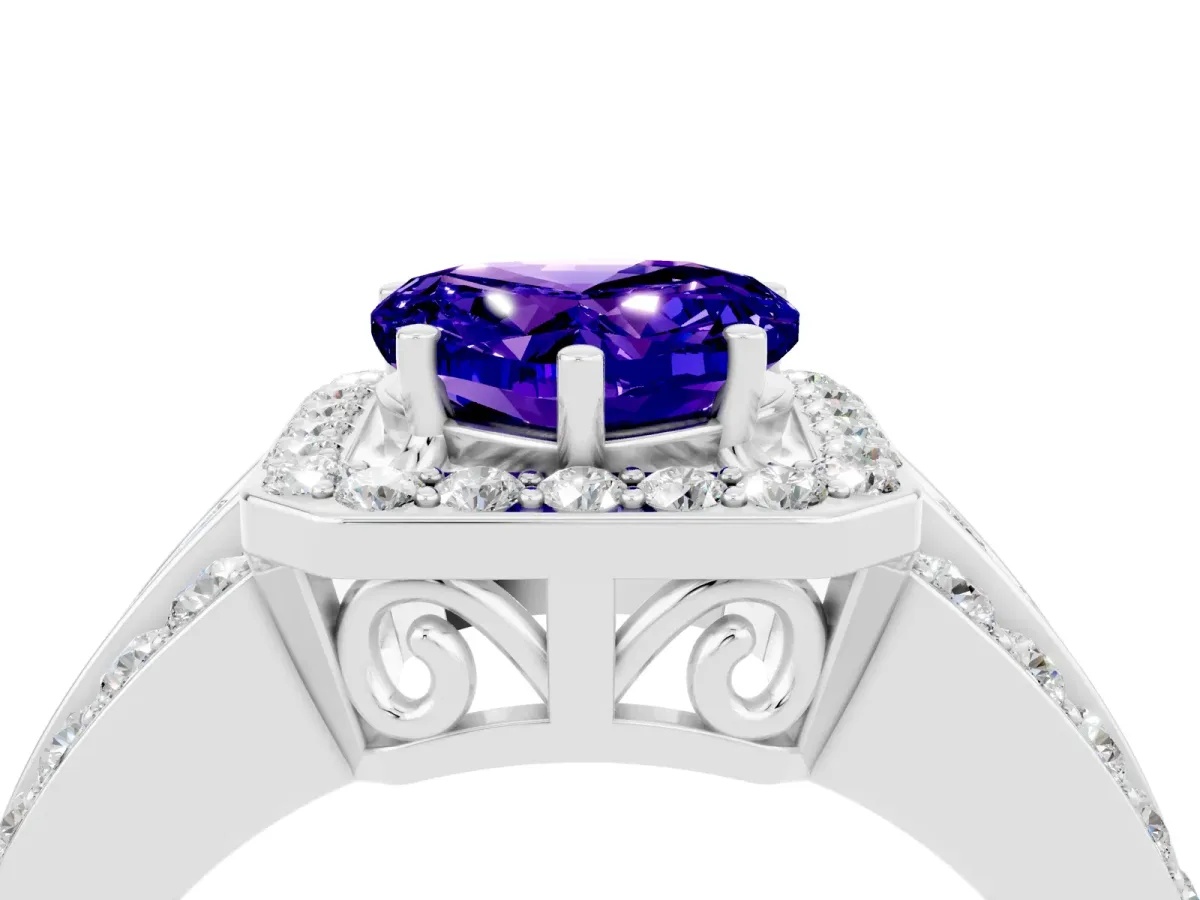 Heart Cut Halo Tanzanite Ring with Round Split Shank and Prong Setting Silver