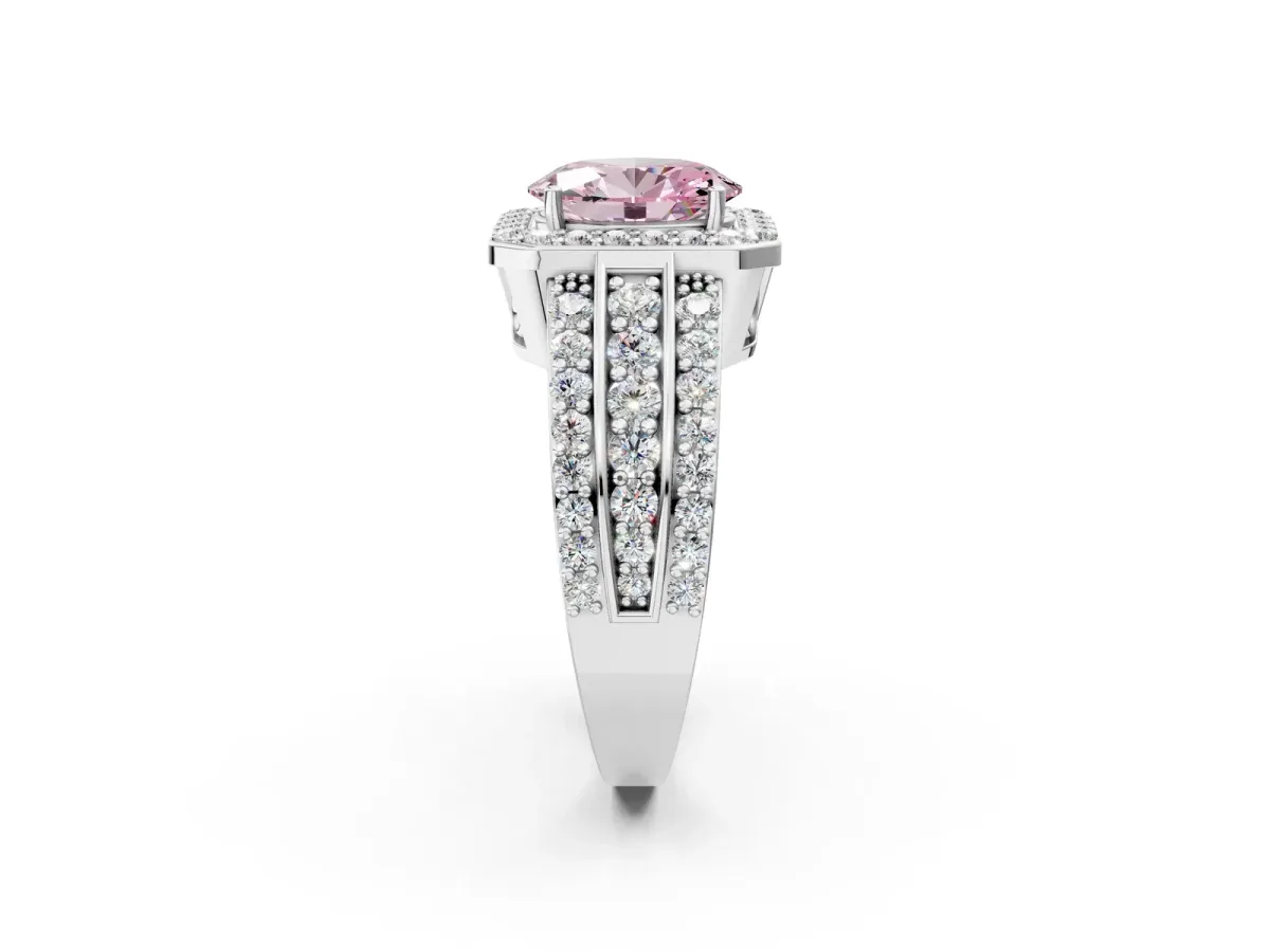 Fancy Pink Oval Cut Halo Diamond Ring with Round Split Shank and Prong Setting Platinum