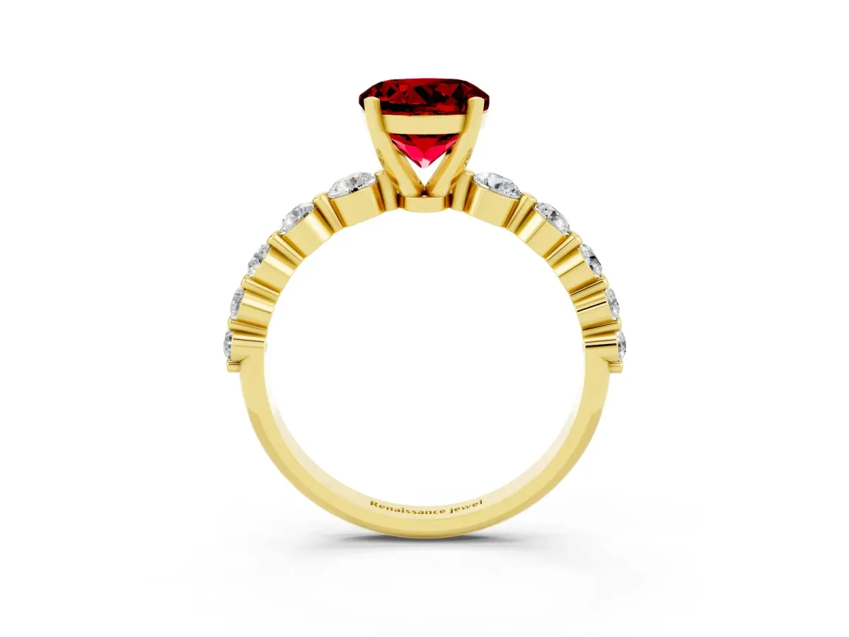 Round Cut Solitaire Ruby Ring with Pave Band and Four-Prong Setting Yellow gold