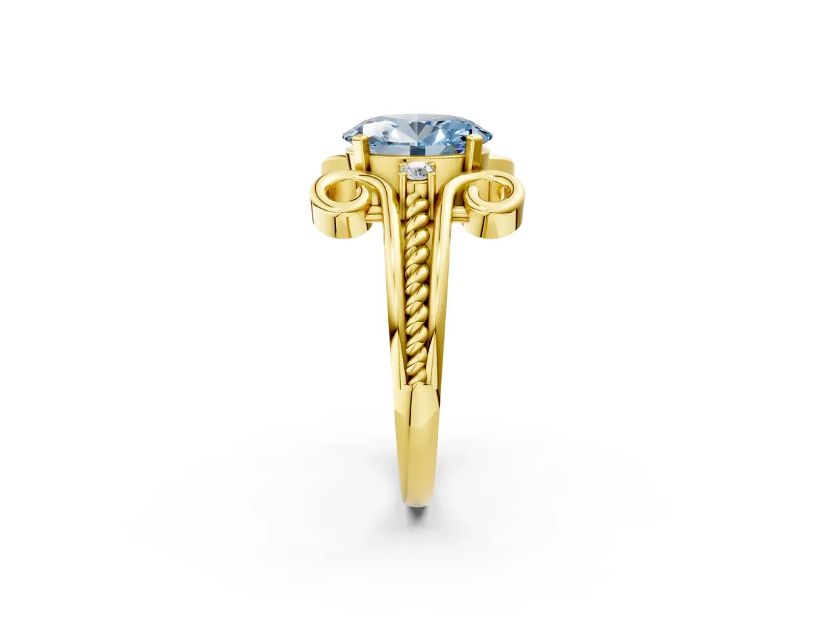 Fancy Blue Oval Cut Solitaire Twisted Band Scroll Prong Ring Yellow gold