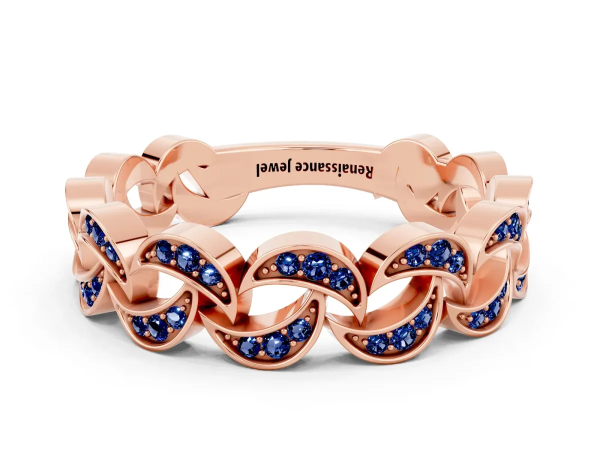 Pavé Round Blue Sapphire Interlocking Eternity Band with Bezel Prong Setting Rose gold
