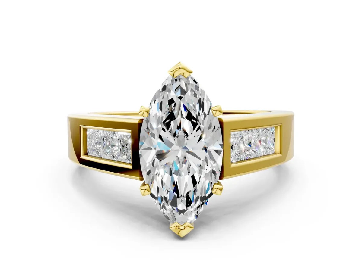 Marquise Cut Cut Channel Set Solitaire Ring with Four-Prong Setting Yellow gold