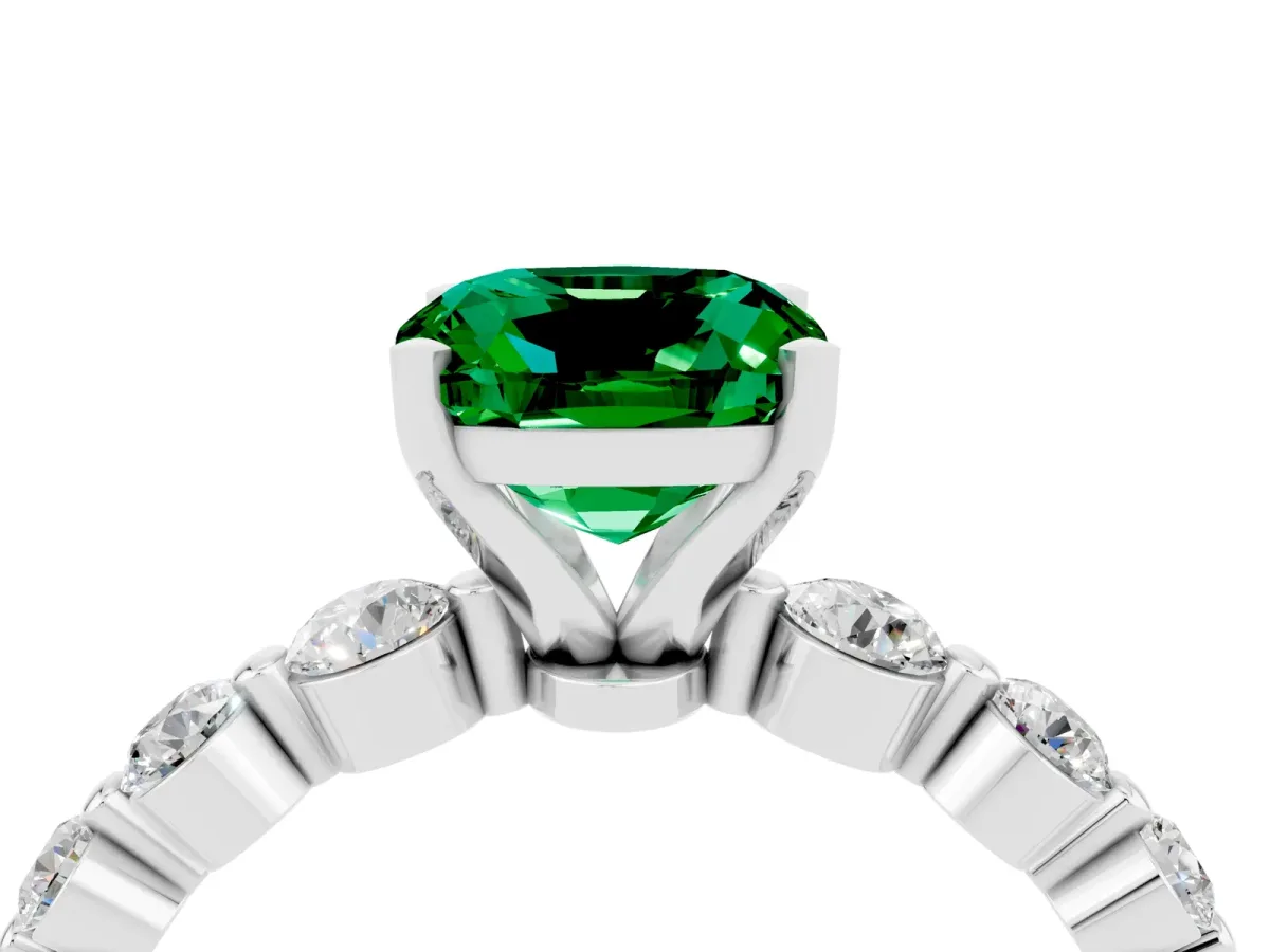 Cushion Cut Solitaire Emerald Ring with Pave Band and Four-Prong Setting Platinum