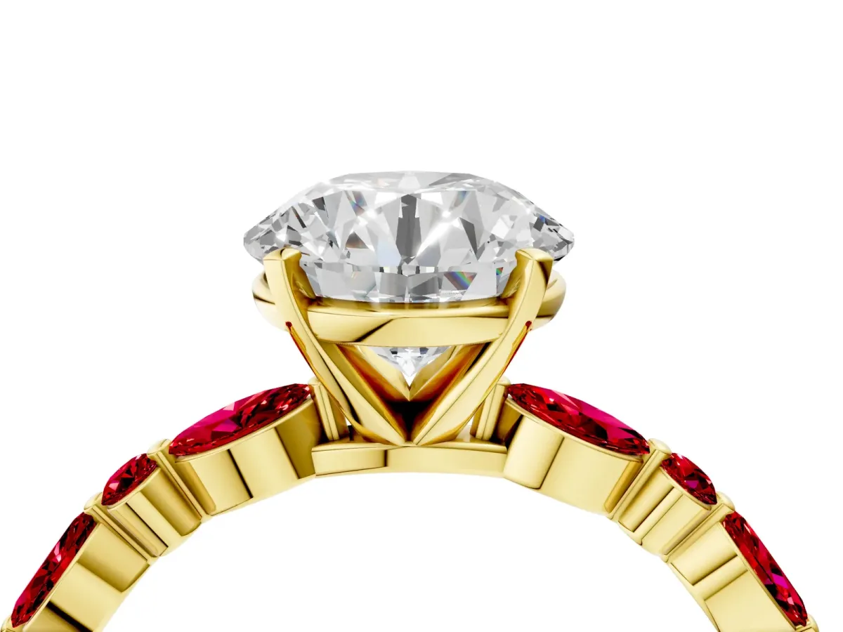 Round Cut Diamond Ring with Marquise and Round Ruby Side Stones and Four-Prong Setting Yellow gold