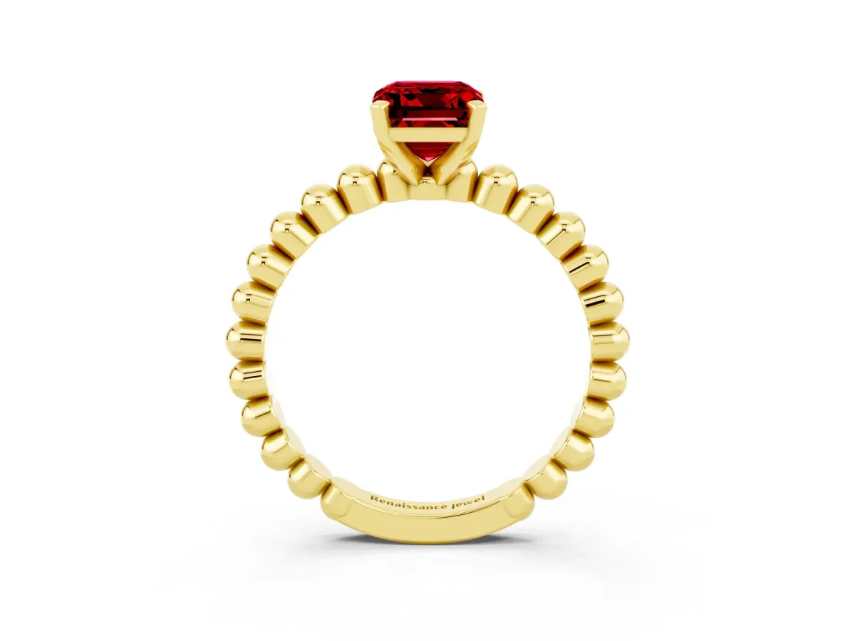 Emerald Cut Ruby Solitaire Ring with Beaded Band and Prong Setting Yellow gold