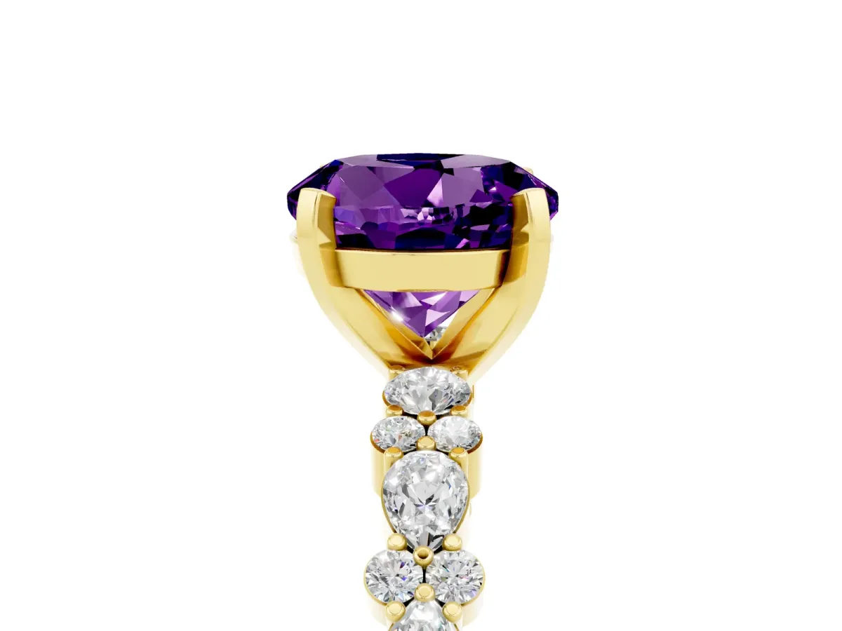 Round Cut Amethyst Side Stone Solitaire Ring with Round and Four-Prong Setting Yellow gold