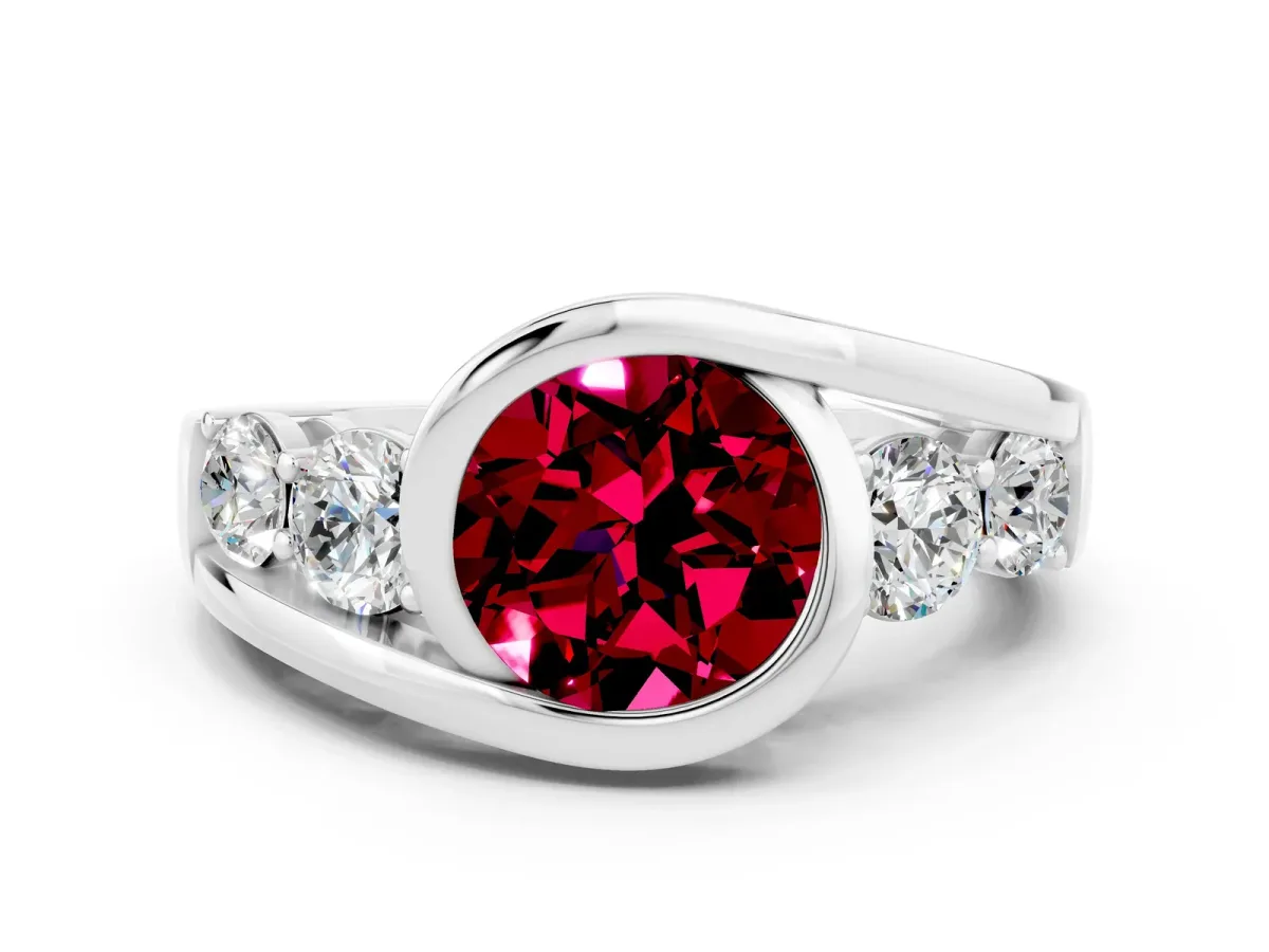 Bezel Set Round Cut Garnet Bypass Ring with Round Accents Silver