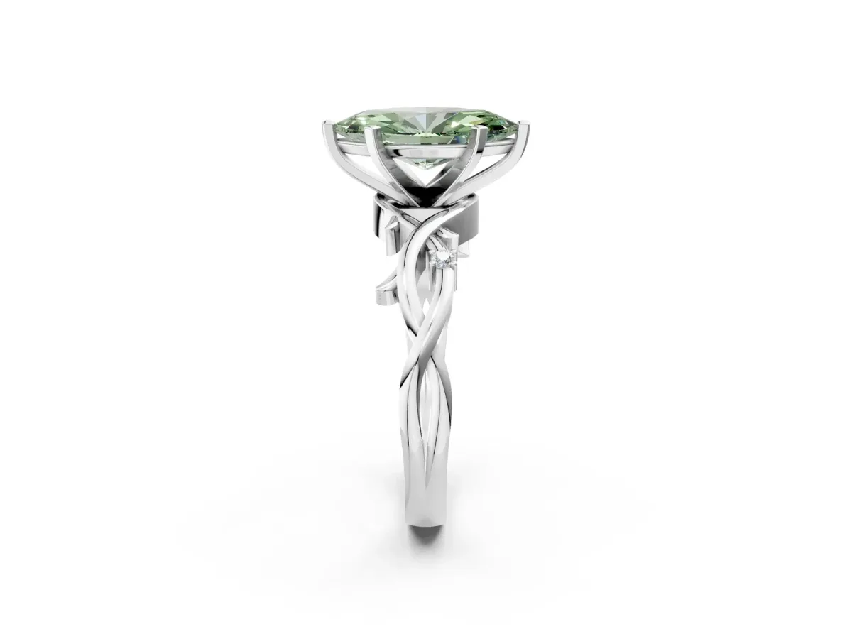 Fancy Green Marquise Cut Diamond Solitaire Ring with Twisted Band and Prong Setting Silver