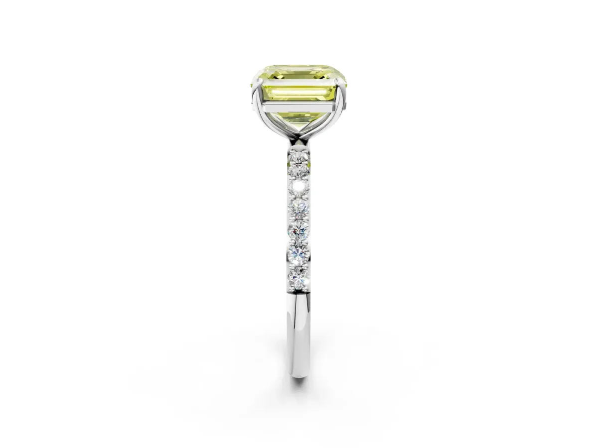 Fancy Yellow Asscher Cut Diamond Solitaire Ring with Round Pavé Band and Prong Setting Silver