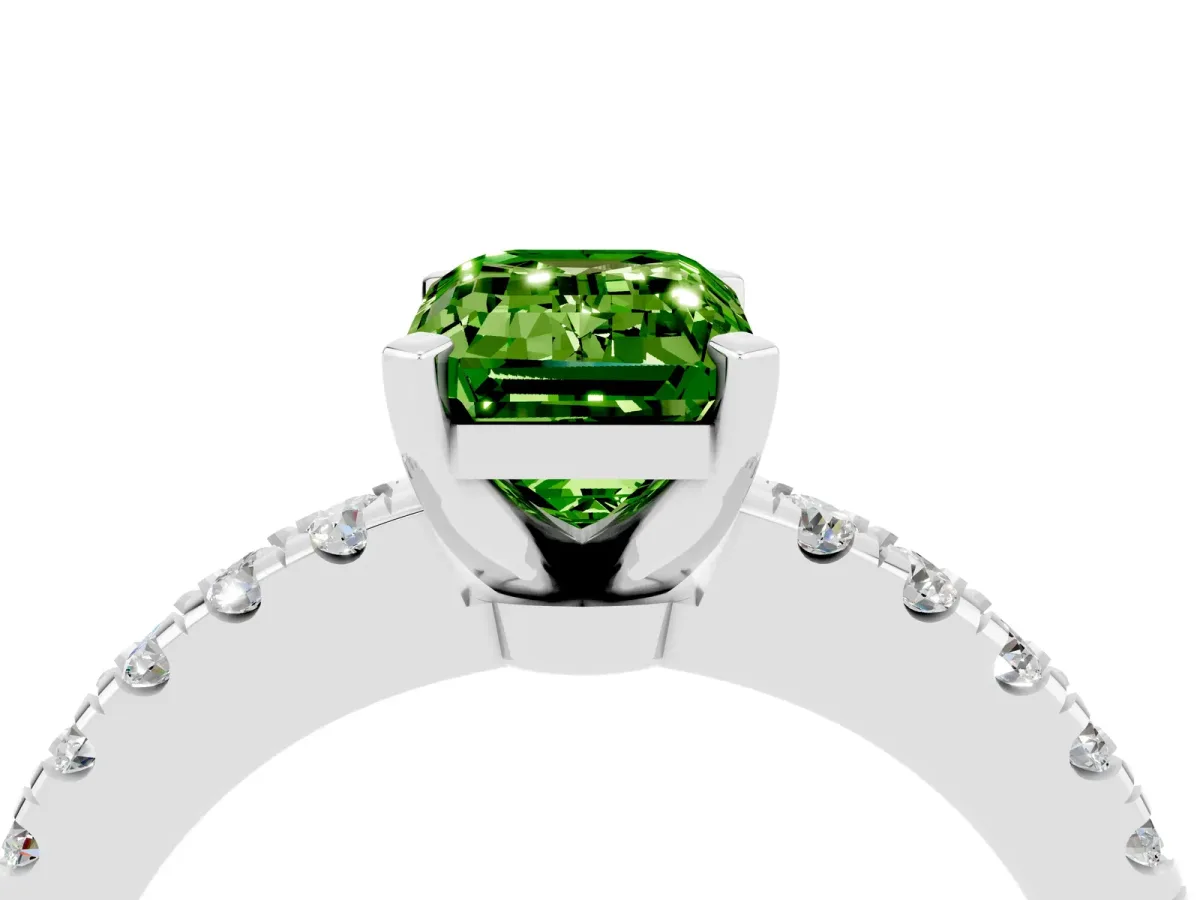 Emerald Cut Solitaire Peridot with Pavé Band and Four-Prong Setting Platinum
