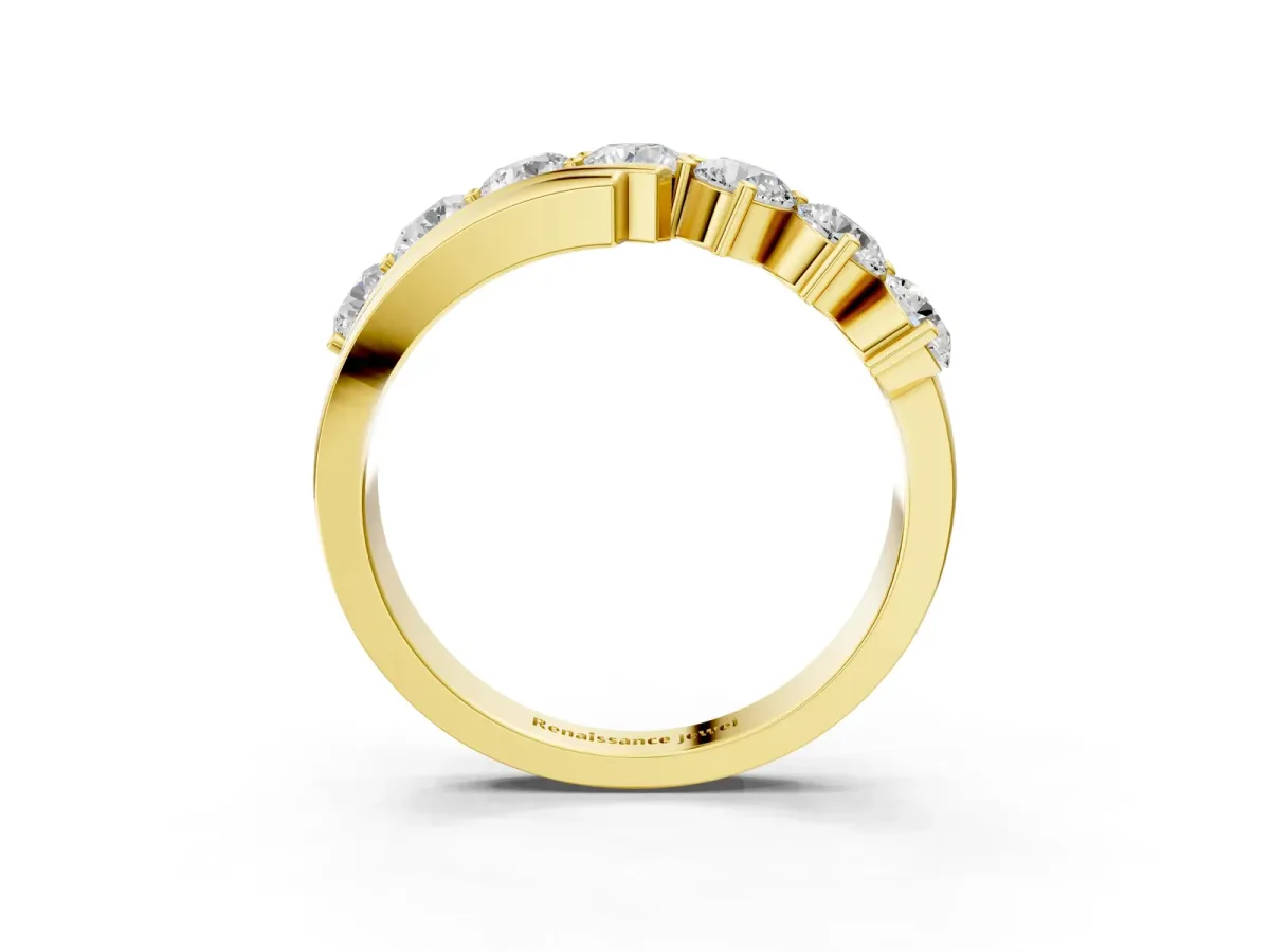 Round Diamond Wave Band with Channel and Shared Prong Setting Yellow gold