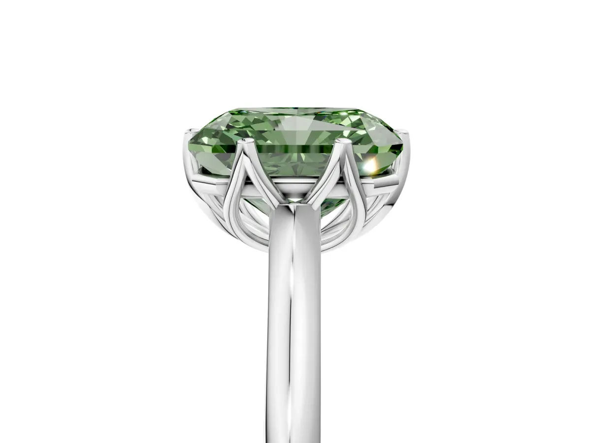 Fancy Green Radiant Cut Solitaire Cathedral Diamond Ring with Six-Prong Setting Platinum