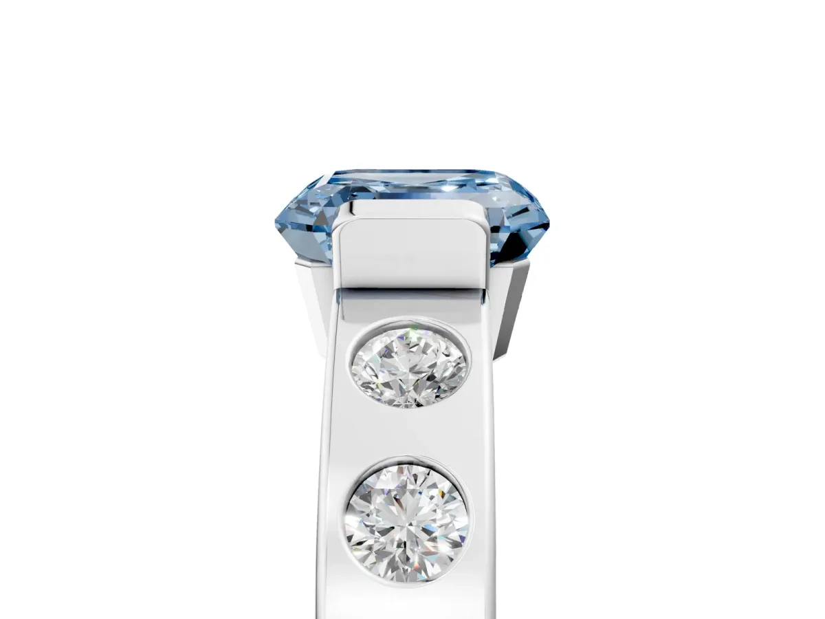 Fancy Blue Asscher Cut Brilliant Channel-Set Diamond Ring with Bezel Prong Setting Platinum
