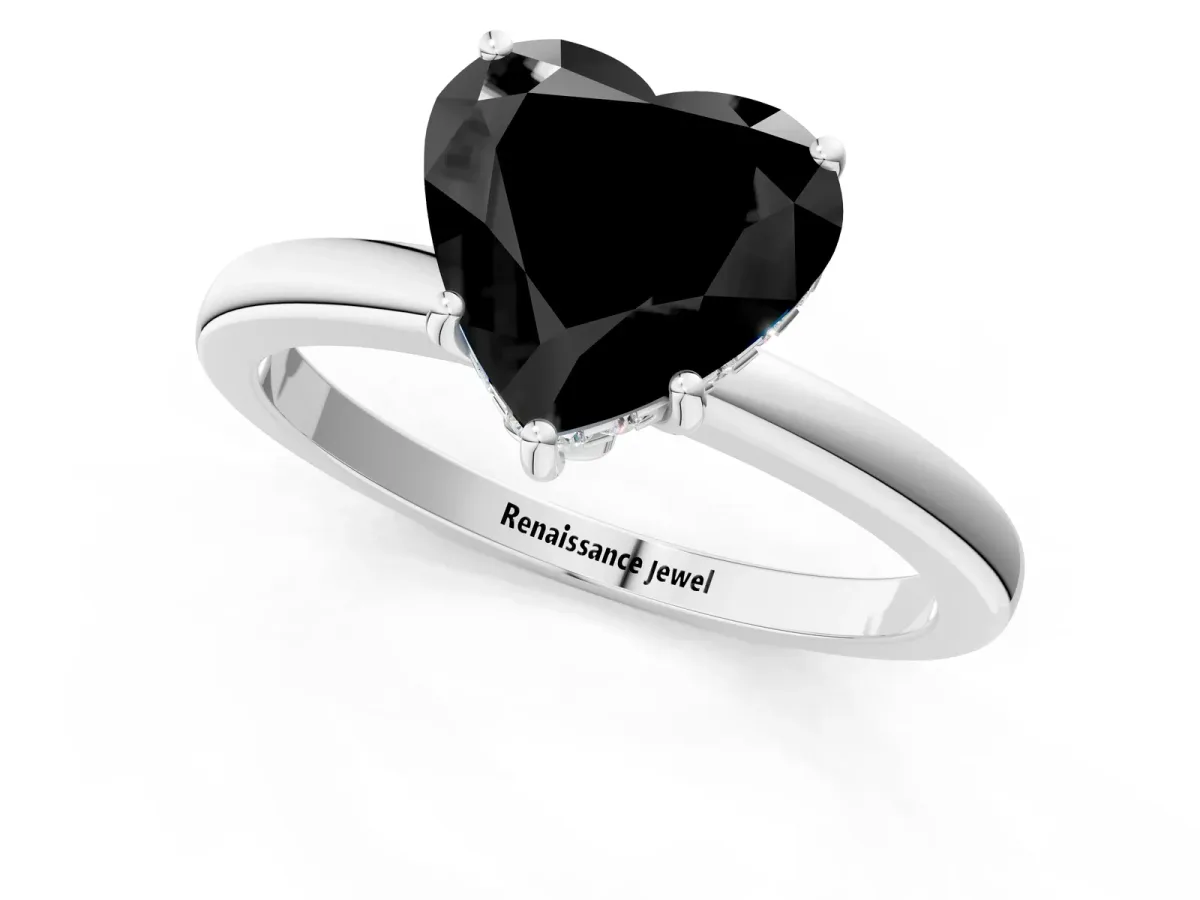 Fancy Black Heart Cut Solitaire Diamond Ring with Prong Setting and Plain Band Silver