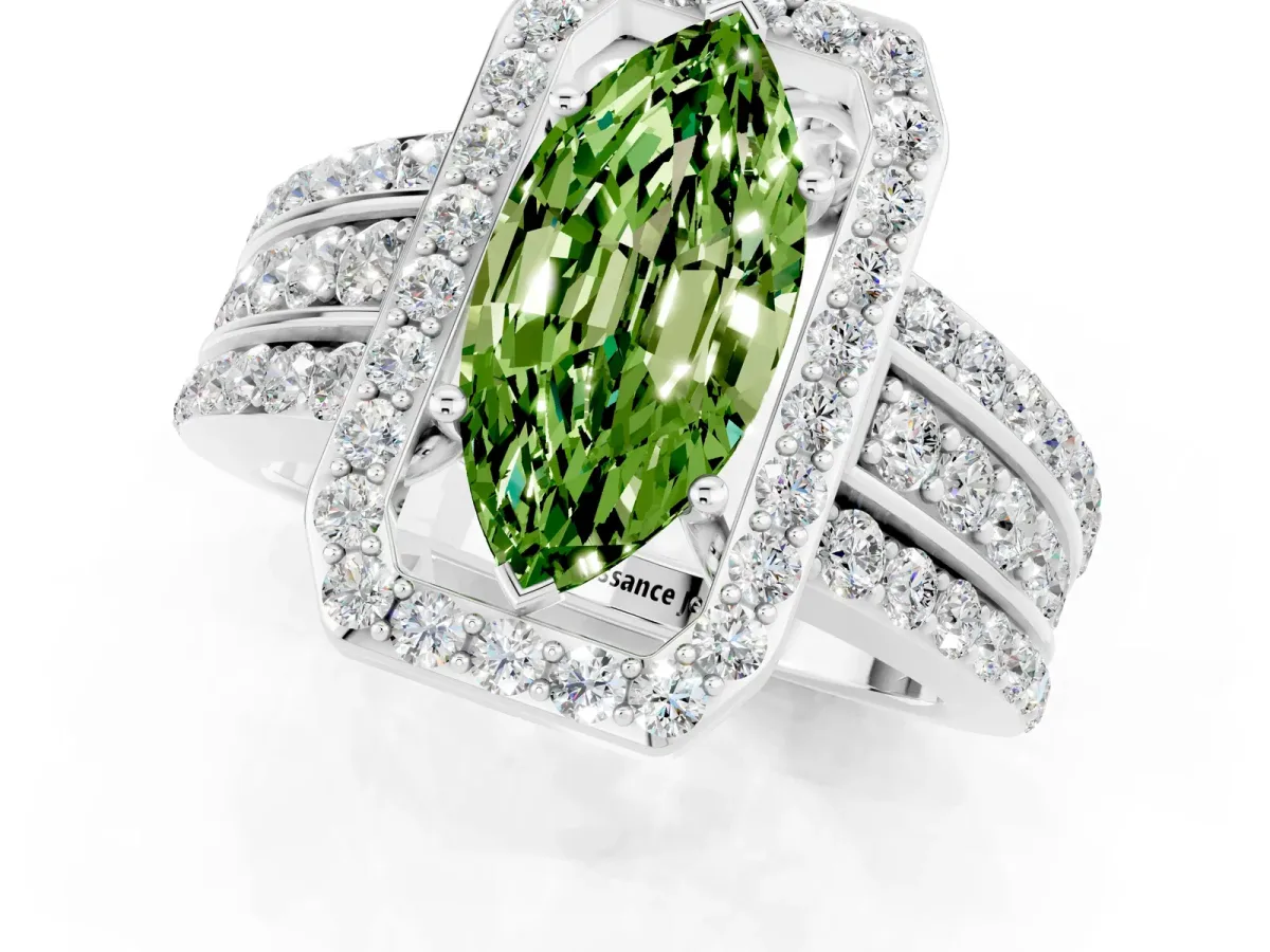 Marquise Cut Halo Peridot Ring with Round Split Shank and Prong Setting Platinum