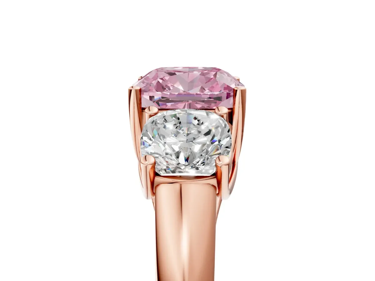 Fancy Pink Three-Stone Cushion Cut Diamond Engagement Ring with Prong Setting Rose gold