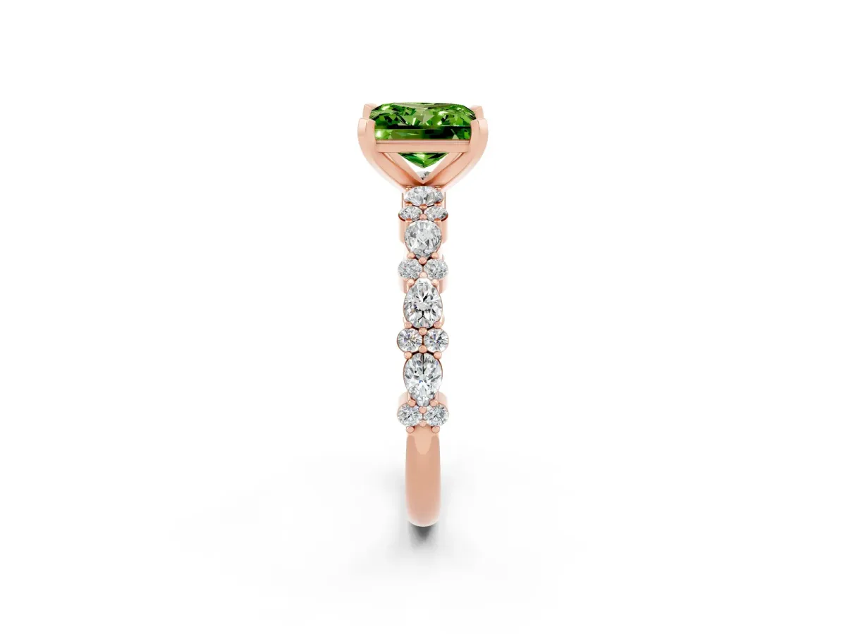 Princess Cut Peridot Side Stone Solitaire Ring with Round and Four-Prong Setting Rose gold