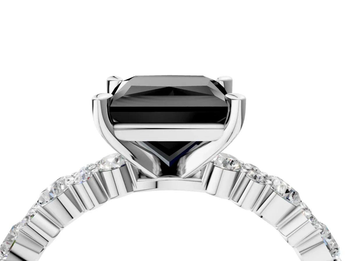 Fancy Black Princess Cut Diamond Side Stone Solitaire Ring with Round and Four-Prong Setting White gold