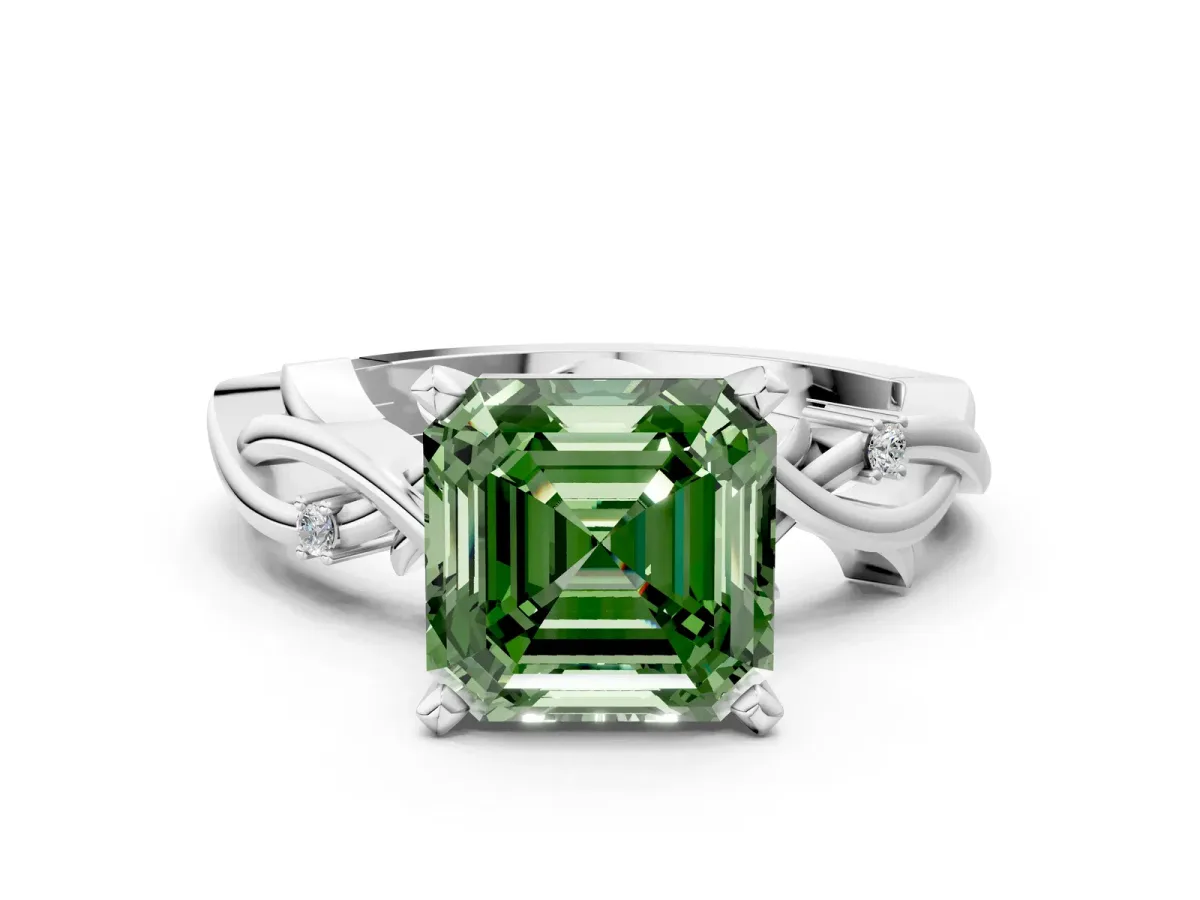 Fancy Green Asscher Cut Diamond Solitaire Ring with Twisted Band and Prong Setting Silver