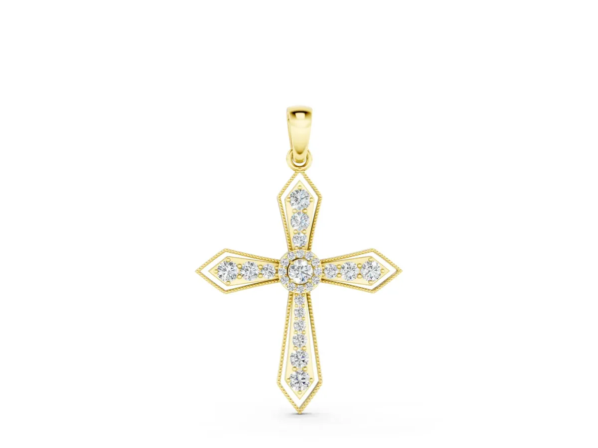 Round Diamond Milgrain Cross Pendant with Bezel Setting Yellow gold