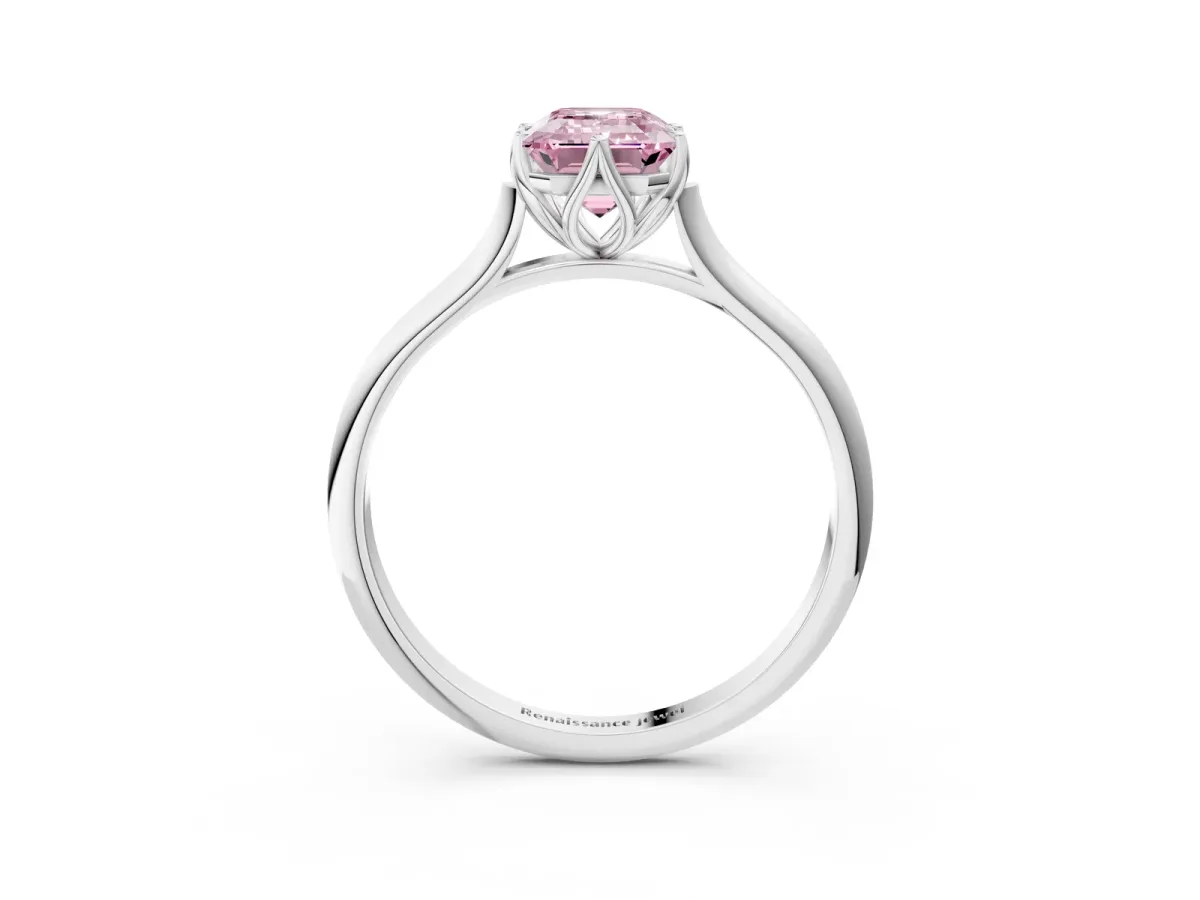 Fancy Pink Emerald Cut Solitaire Cathedral Diamond Ring with Six-Prong Setting Silver