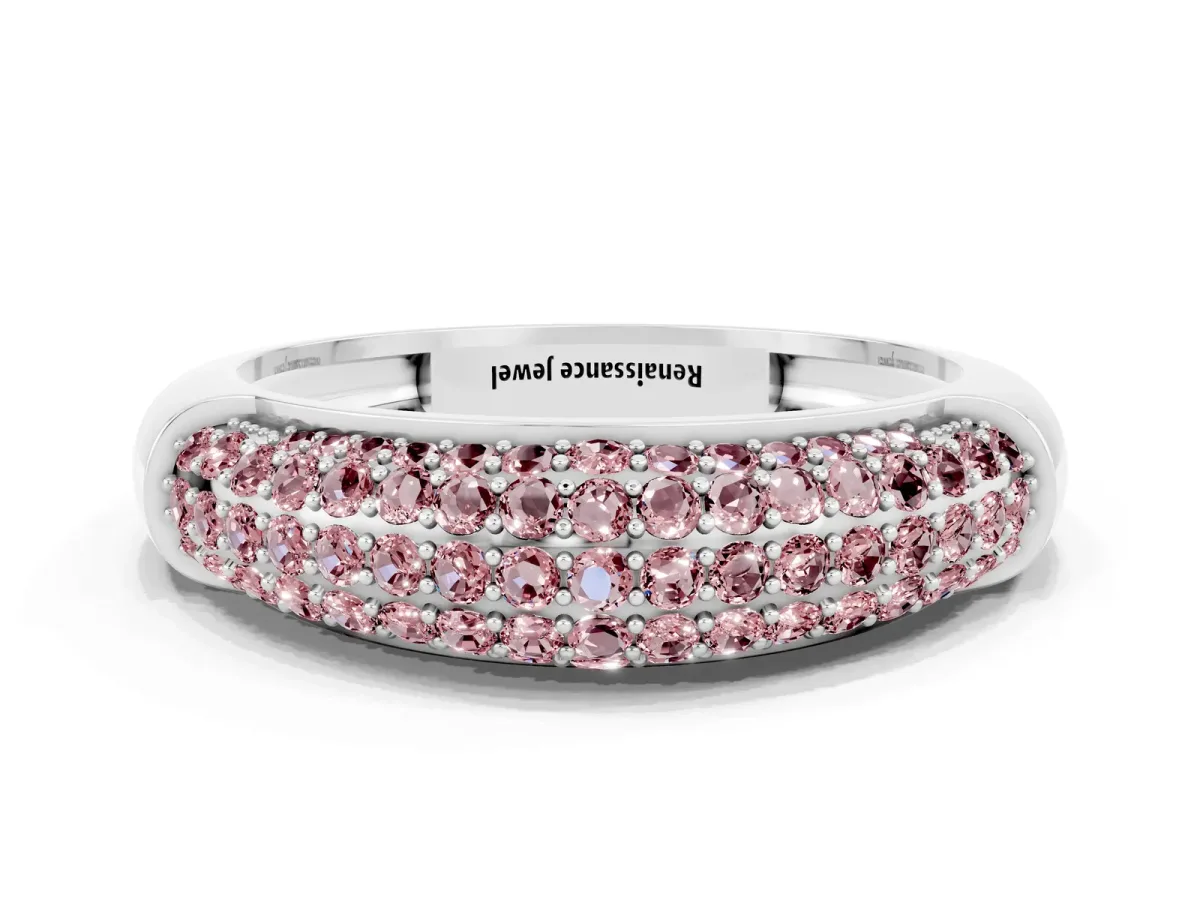 Three-Row Pavé Round Morganite Dome Band Platinum
