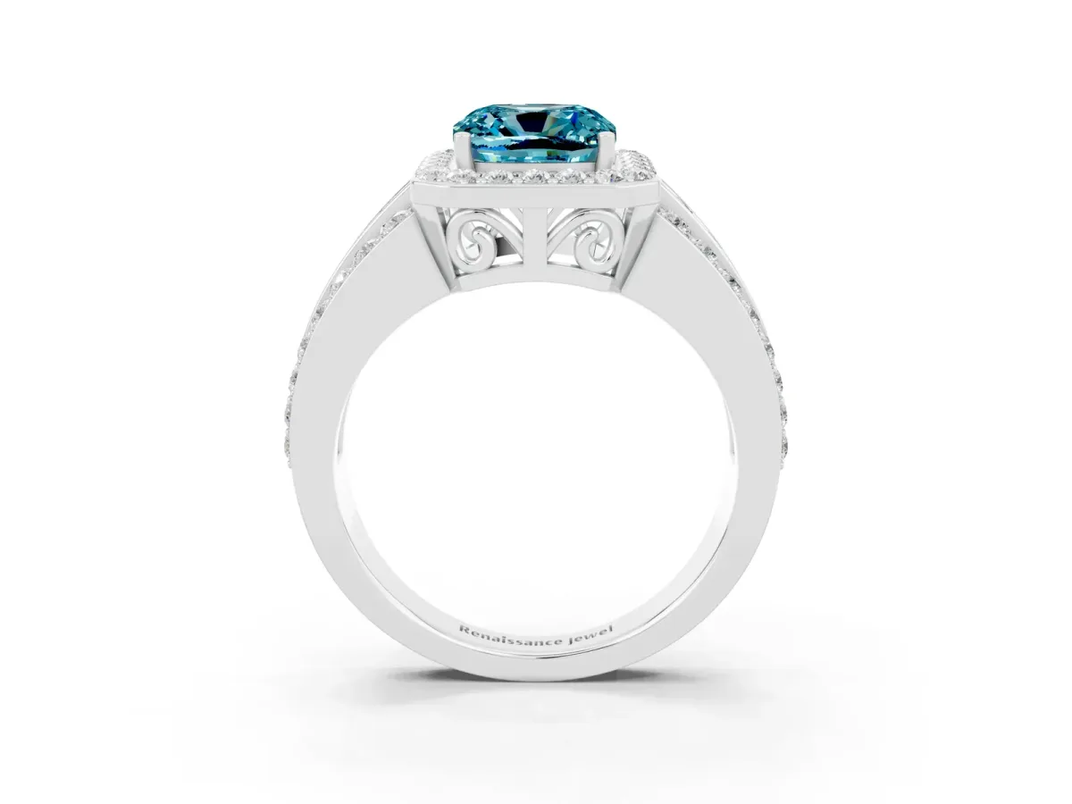 Cushion Cut Halo Blue Topaz Ring with Round Split Shank and Prong Setting Platinum