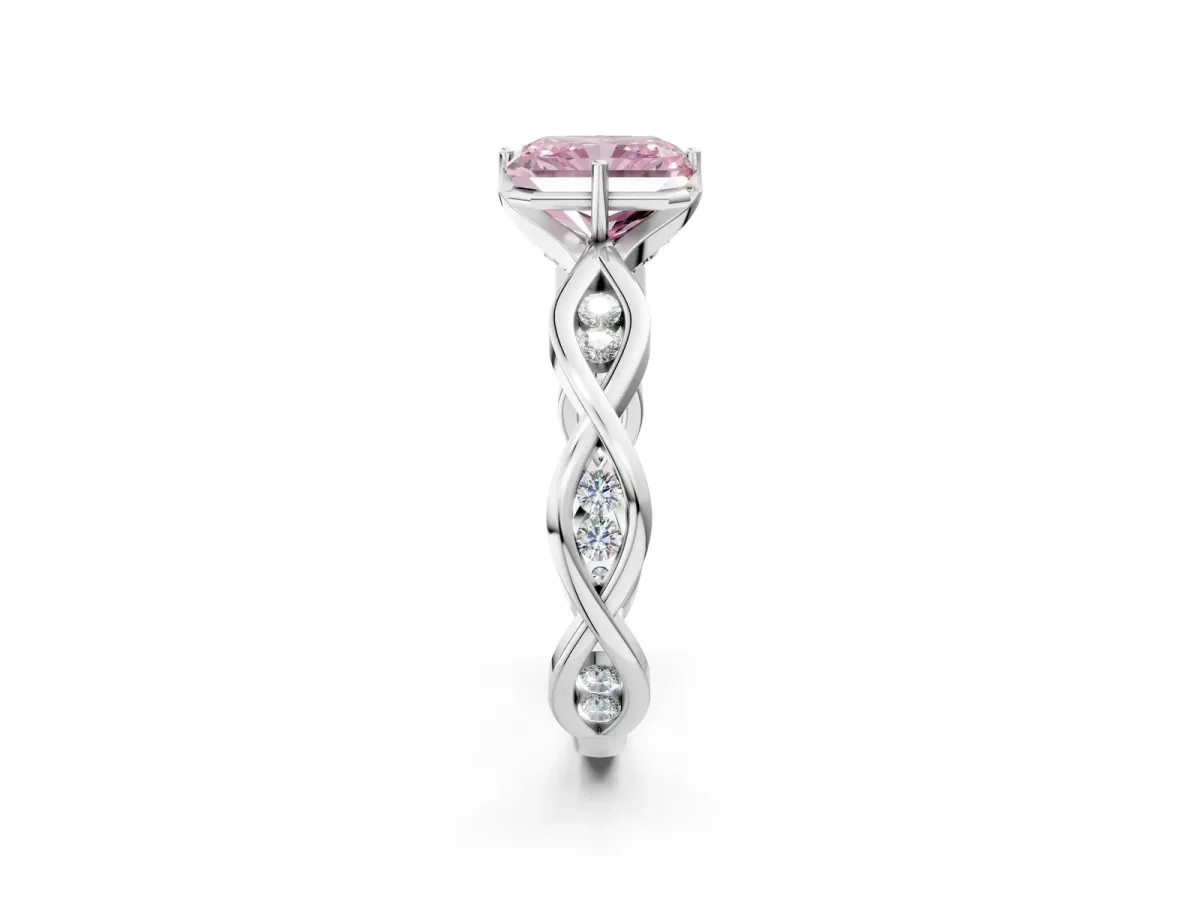 Fancy Pink Radiant Cut Solitaire Twist Band with Leaf Prong Setting Platinum