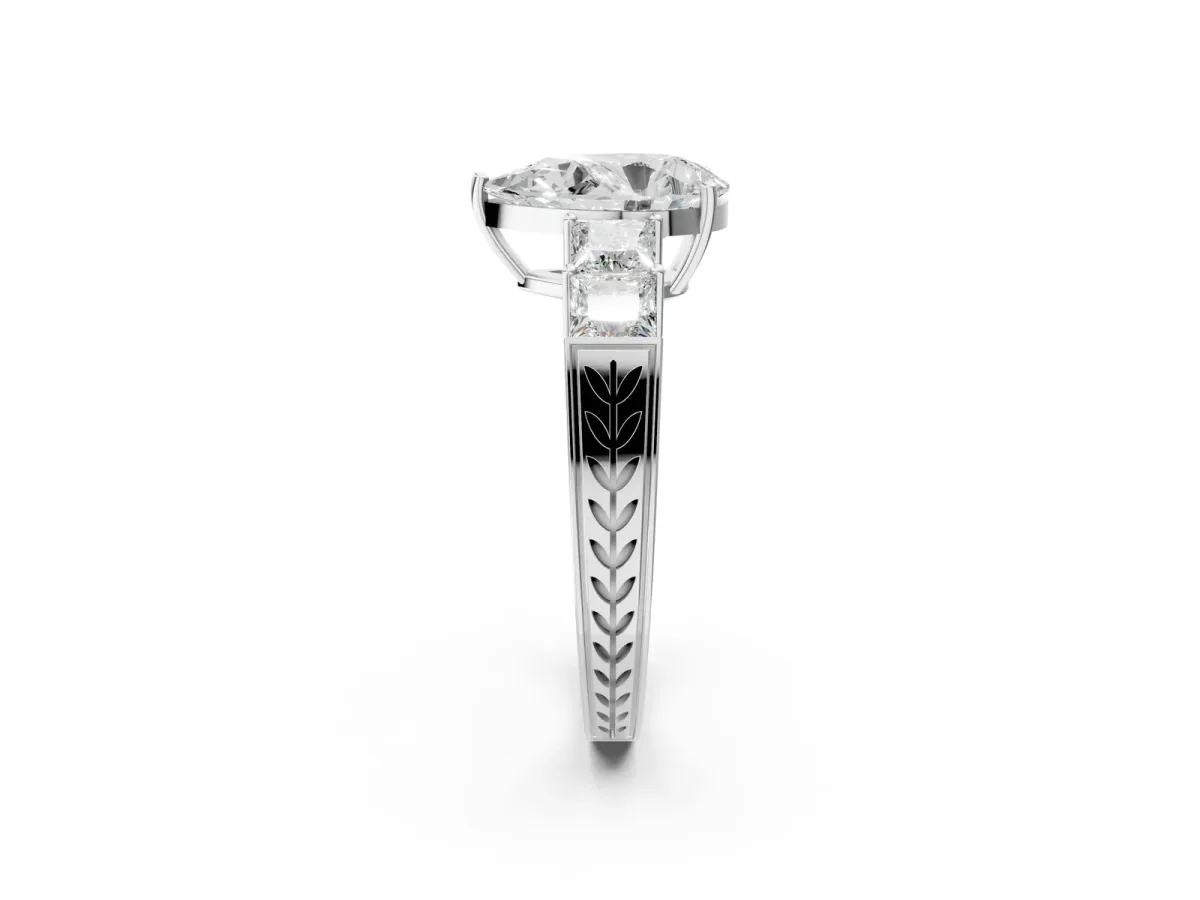 Pear Cut Solitaire Princess Side Stone Engraved Band Prong Setting Ring Silver