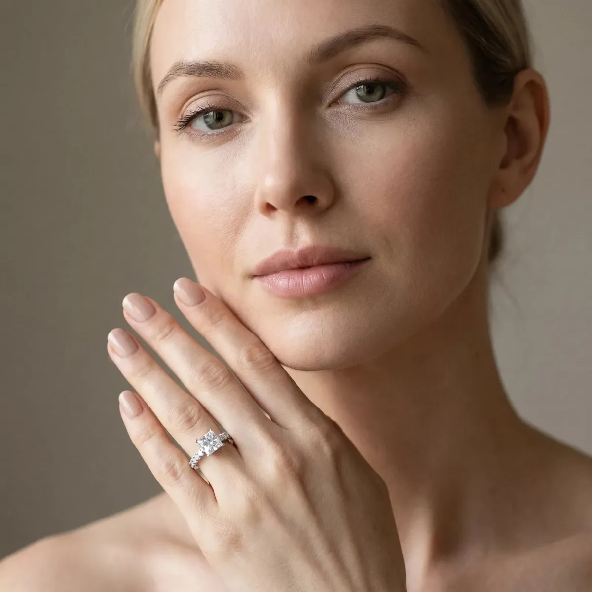 Princess Cut Diamond Cathedral Solitaire Ring with Round Pavé Band Platinum