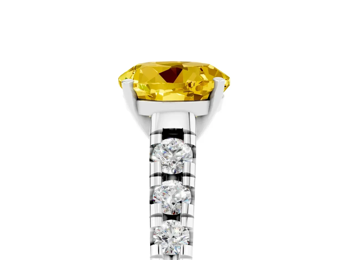 Round Cut Yellow Sapphire Cathedral Solitaire Ring with Round Pavé Band Silver