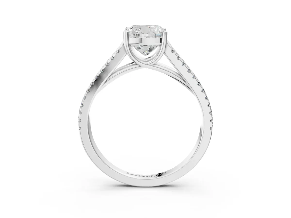 Cushion Cut Diamond Solitaire Engagement Ring with Split Shank Pavé Band Silver