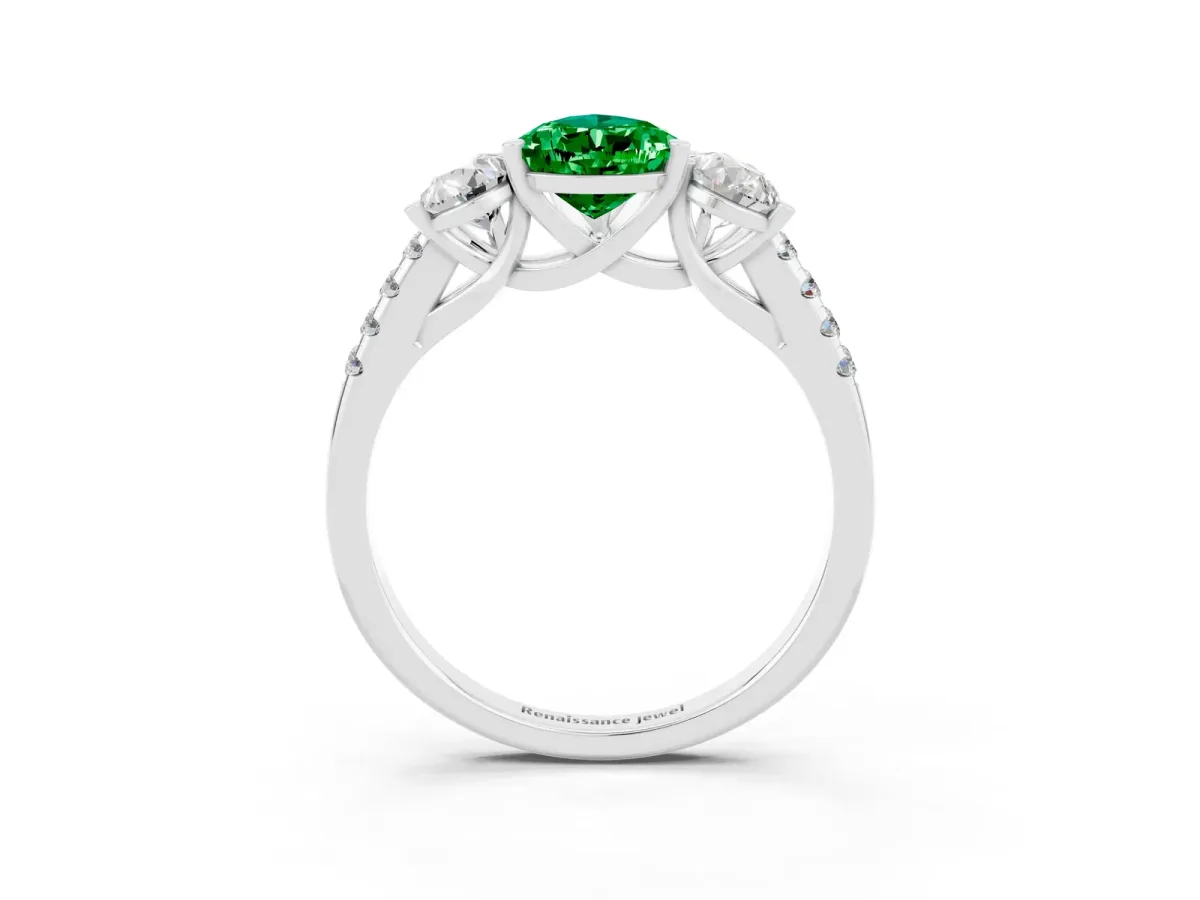 Three-Stone Pear Cut Emerald Ring with Round Pavé Band and Prong Setting Platinum