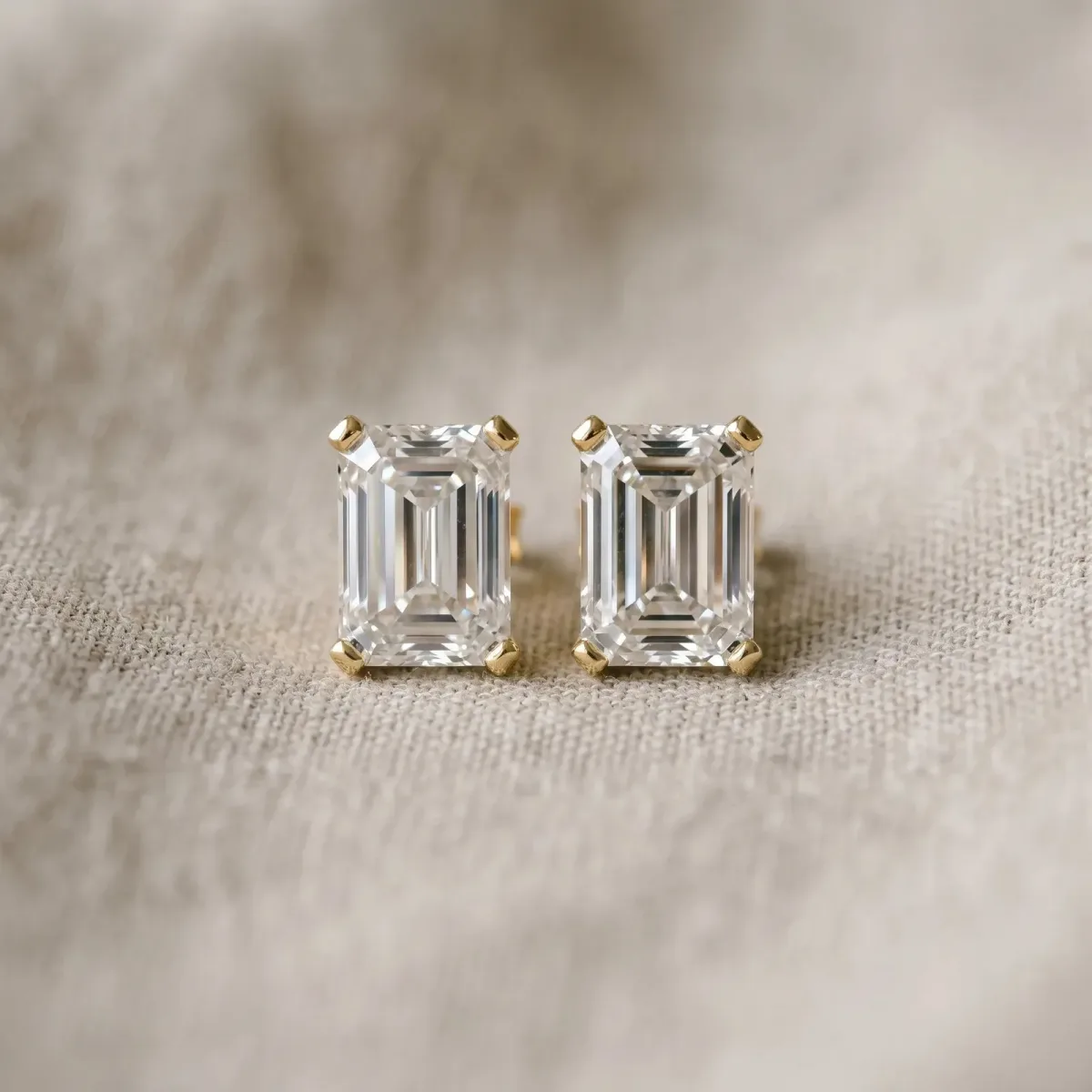 Emerald Cut Diamond Stud Earrings Yellow gold
