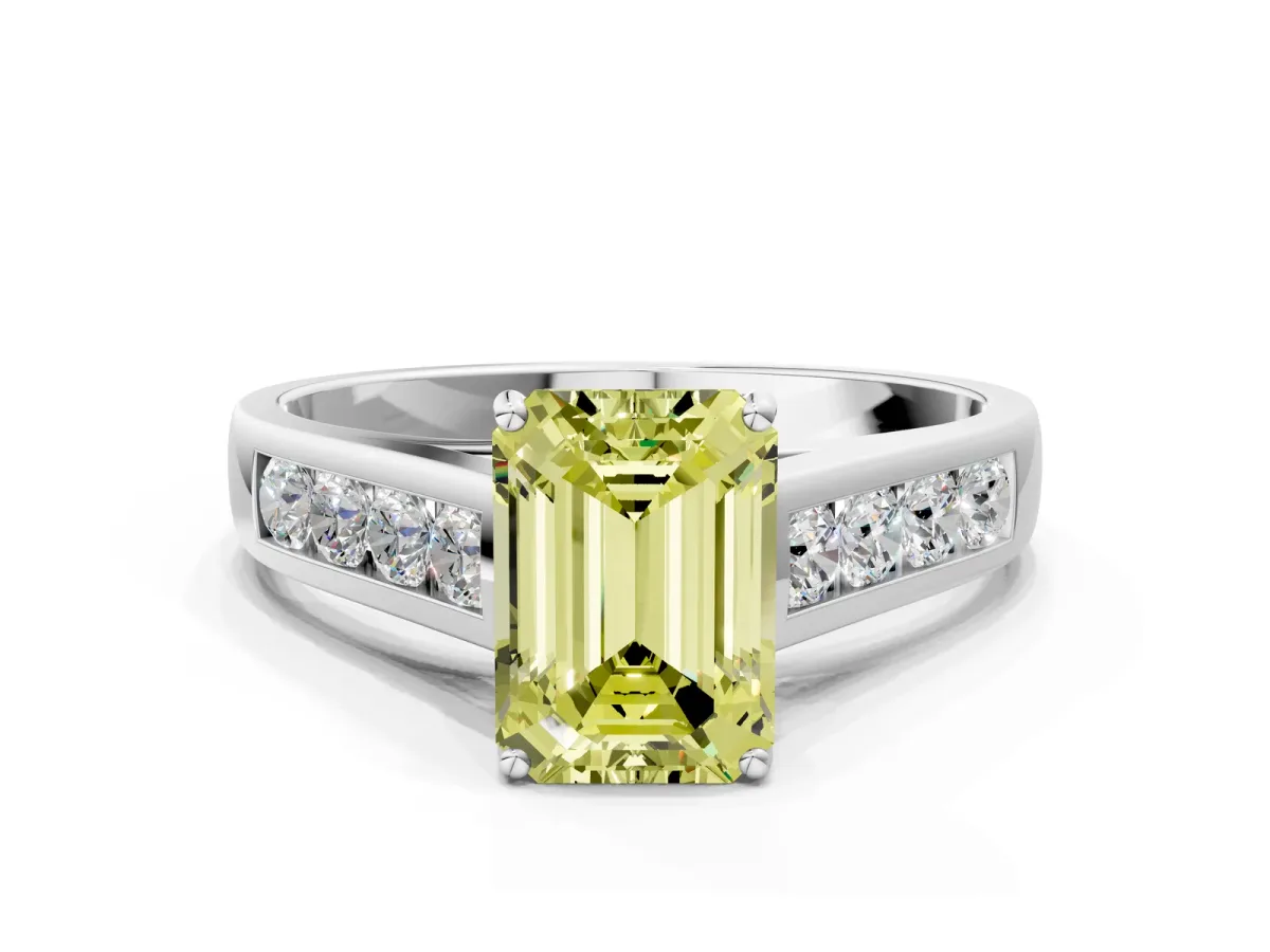 Fancy Yellow Emerald Cut Brilliant Channel-Set Solitaire Ring with Four-Prong Setting White gold