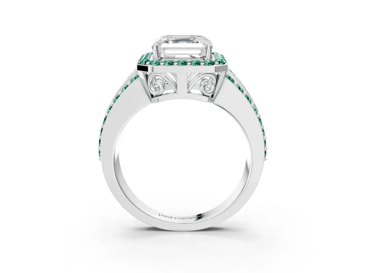 Asscher Cut Halo Diamond Ring with Round Green Sapphire Split Shank and Prong Setting Silver