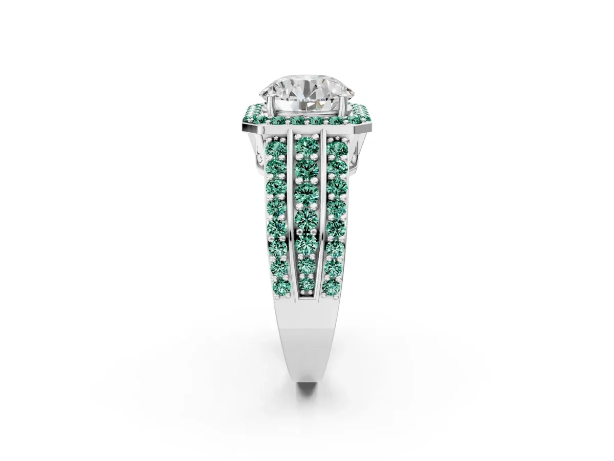 Round Cut Halo Diamond Ring with Round Green Sapphire Split Shank and Prong Setting Silver