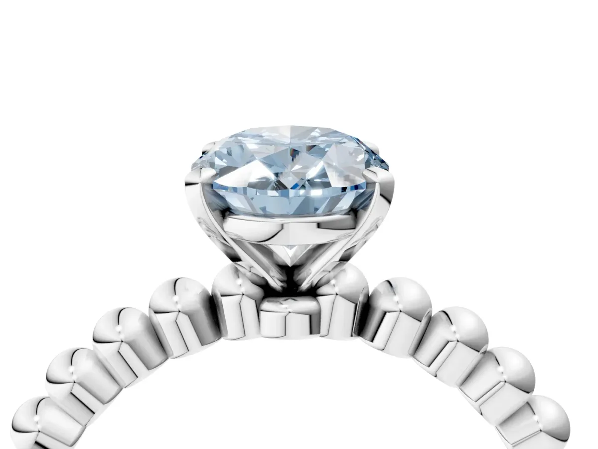 Fancy Blue Oval Cut Diamond Solitaire Ring with Beaded Band and Prong Setting White gold