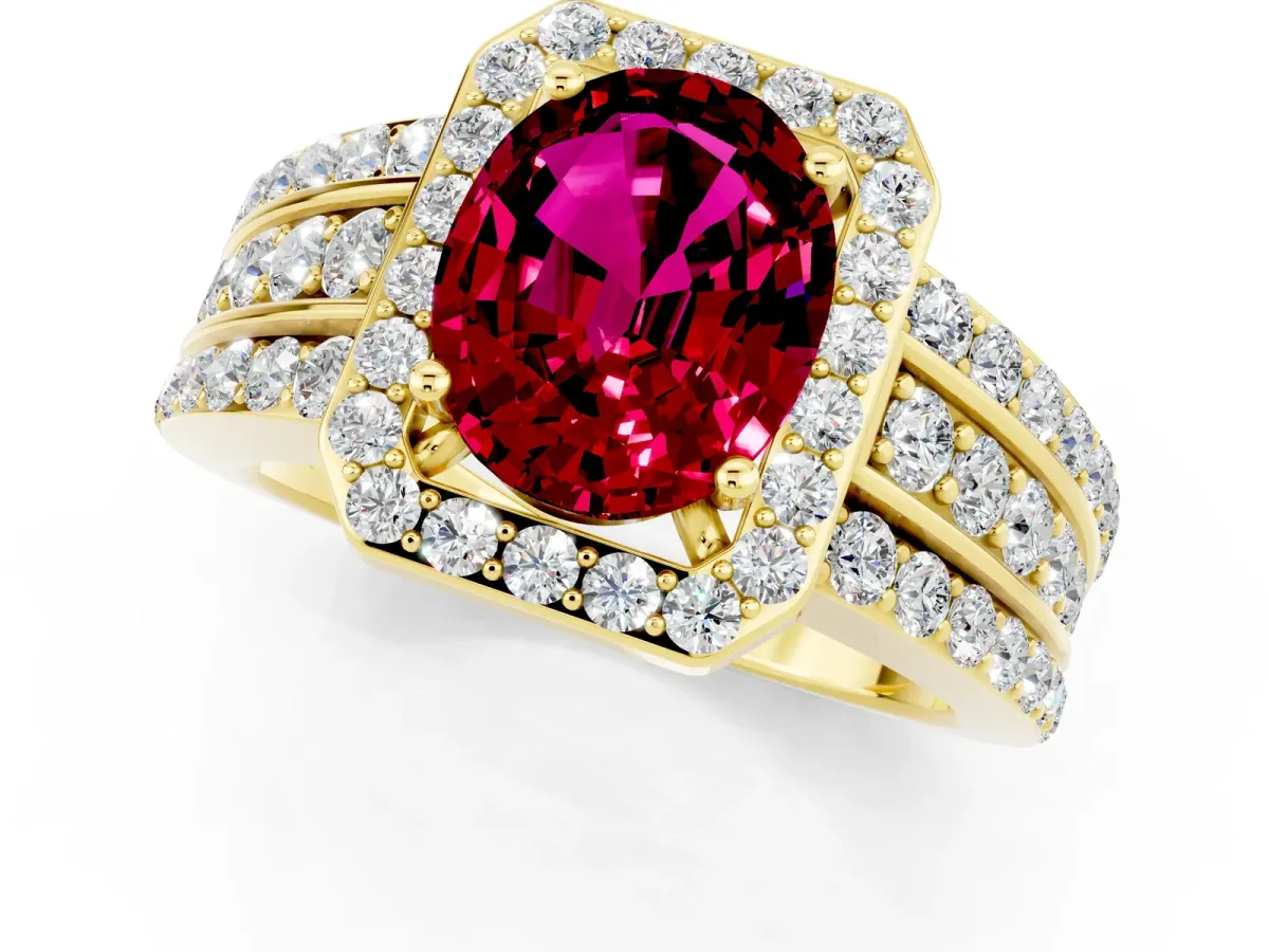 Oval Cut Halo Garnet Ring with Round Split Shank and Prong Setting Yellow gold