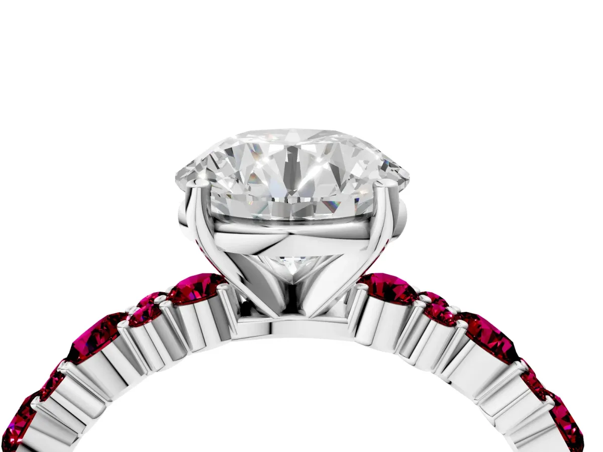 Round Cut Diamond Side Stone Solitaire Ring with Round Garnet and Four-Prong Setting Silver