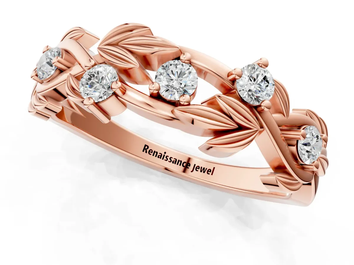 Round Diamond Leaf Motif Band with Prong Setting Rose gold